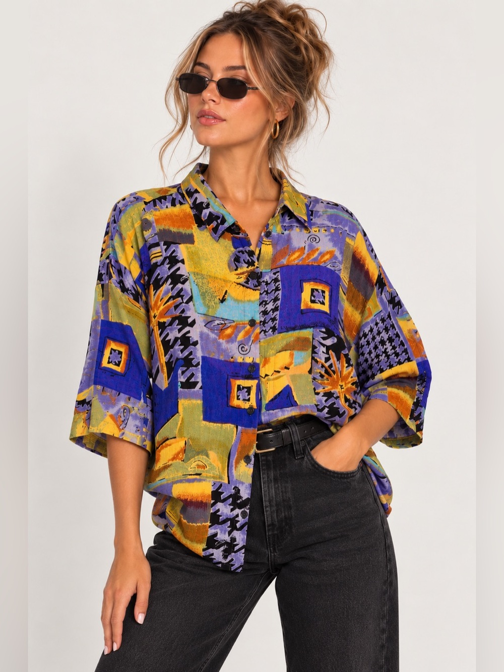 Jane Ashley Women’s Multicolor Geometric Collared Rayon Button-Up 3/4 Sleeve - L